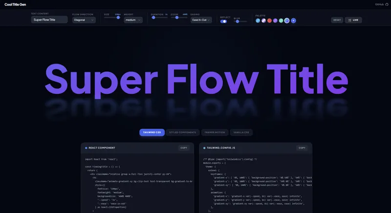 Cool Title Generator with an animated purple gradient title and generated React and Tailwind code